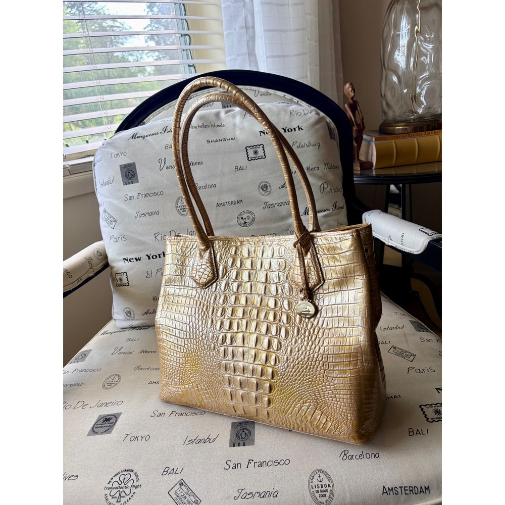 NWT Brahmin Melbourne Metallic Gold Croc Embossed Leather Tote Bag Charm Tags